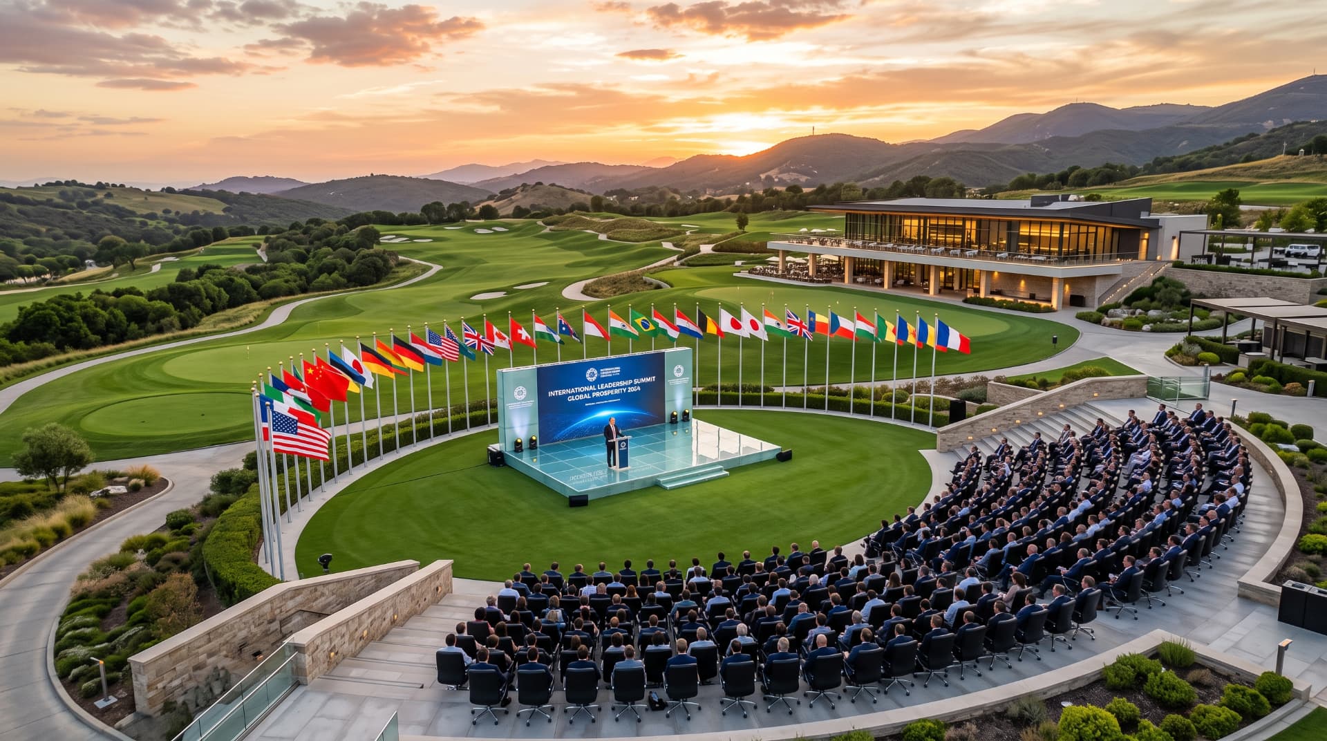 Dreamland Golf Academy açıq hava amfiteatrı, beynəlxalq bayraqlar və qürub işığı
