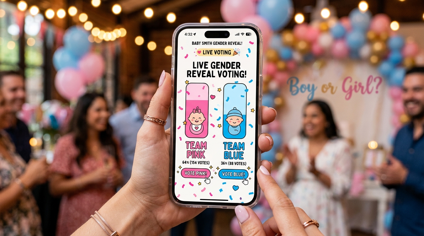 Digital Gender Reveal Invitation: "Boy or Girl?" Live Poll, Voting & Interactive Templates