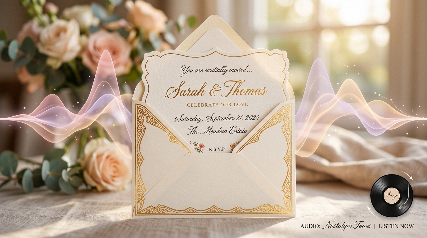 Background Music for Online Invitations: Retro Vinyl Player, Custom MP3 Upload & Smooth Audio Fade-in